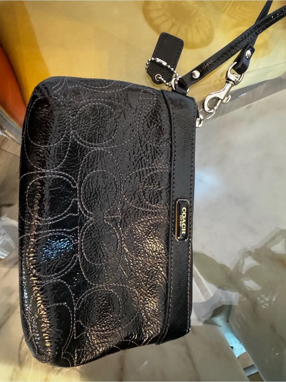 Coach Black Patent Signature Zip Wristlet Cosmetic Pouch